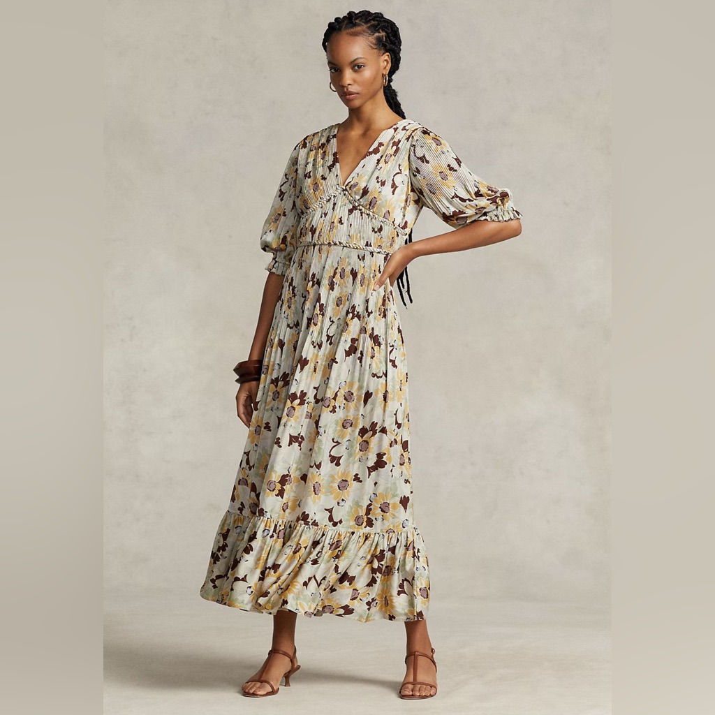 Polo Ralph Lauren Floral Pleated Satin V-Neck Dress Elbow Length Sleeve Nwot